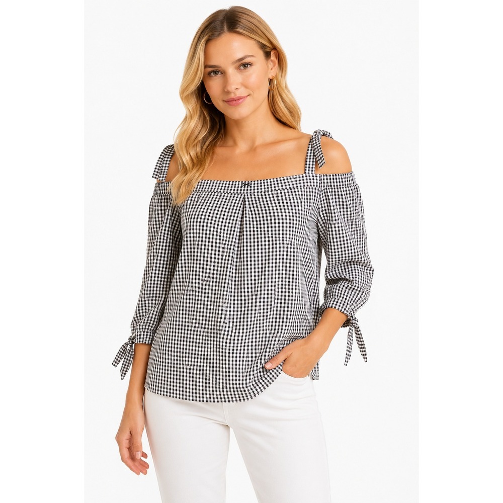 Tyler Boe Off‎ Shoulder Blouse XS White Gingham Cotton 3/4 Sleeve Womens Top
